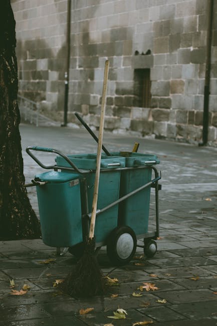 A street cleaning trolley parked on a paved sidewalk next to a leafless tree and a wall made of large stone bricks. The trolley contains two large blue bins used for waste collection and cleaning supplies, with a long-handled broom leaning against it. The ground is slightly wet with scattered fallen leaves, indicating recent or ongoing cleaning activity. In the background, the stone wall has a small square opening, and soft, natural daylight illuminates the scene. This image reflects the professional cleaning and maintenance services offered by Islington Carpet Cleaning, emphasizing surface cleaning and hygiene practices in outdoor urban environments.