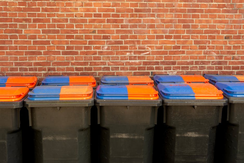 A row of several black outdoor waste bins with orange and blue lids, neatly aligned against a red brick wall. The bins are clean and closed, positioned on a paved surface, with natural daylight illuminating the scene. The setting appears to be an urban or residential area, emphasizing waste disposal and sanitation practices. This image reflects cleanliness and proper waste management, consistent with the services provided by Islington Carpet Cleaning as part of surface cleaning and hygiene maintenance in line with Islington Council rules for cleaning contractors waste disposal.